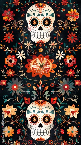 Colorful floral skull illustration with intricate patterns and vibrant details for design projects
