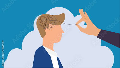 Psychotherapy or Psychology concept. Helping hand unravels the tangle of thoughts of a man with mental disorder, anxiety and confusion mind