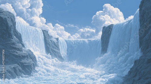 Serene Shaded Waterfall Cascading Down Towering Cliffs Under Bright Blue Sky with Fluffy Clouds