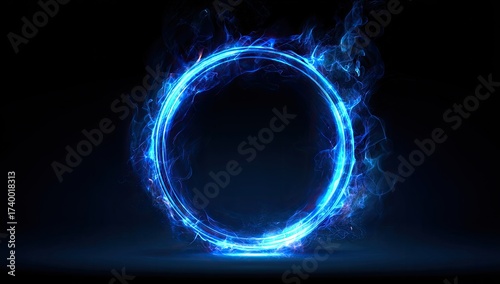 A glowing blue energy ring levitates on a dark surface with emanating wisps and a black background