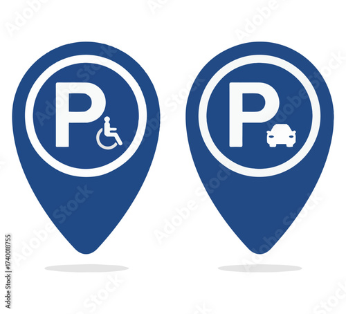 Accessible and General Parking Pin Icons – Symbols of Inclusive Mobility and Vehicle Location Mapping