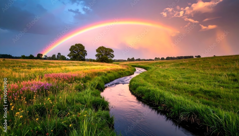 Obraz premium Rainbow Over Stream in Meadow at Sunset with Colorful Sky