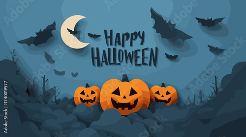 Spooky Halloween Night Illustration Featuring Jack-o-lanterns and Bats Against a Dark Sky