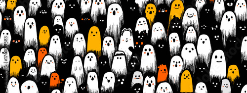 Colorful Cartoon Ghosts Pattern with White and Orange Spirits in a Playful Halloween Theme