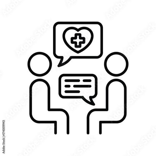 Two people discussing healthcare and well being with a heart and cross icon