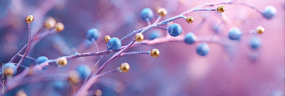 Fototapeta premium Delicate branches with blue and gold spheres against a soft, pastel purple and pink blurred background