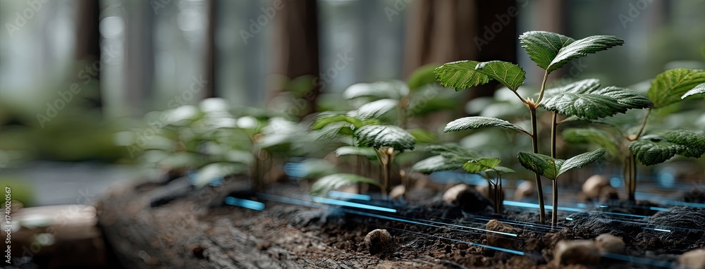 Naklejka premium Newly sprouted plants growing in a forest setting, showcasing green leaves and healthy soil with technology components in a sustainable environment