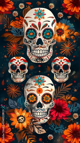 Colorful sugar skulls with floral decorations in vibrant design for cultural celebration