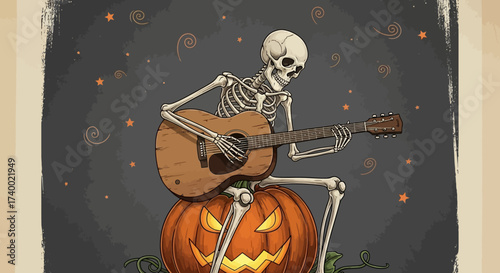 Spooky Tunes: An artistically rendered illustration shows a skeletal figure serenading on a guitar whilst seated atop a carved jack-o'-lantern. Perfect for Halloween themed projects.