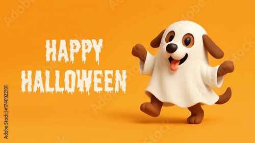 Dog Dressed as a Ghost for Halloween Dancing on an Orange Background. Seamless Loop