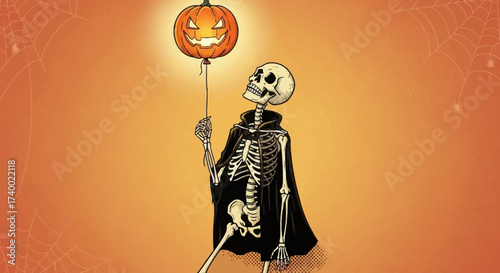 Halloween Skeleton and Glowing Pumpkin: A whimsical illustration of a skeleton holding a smiling pumpkin balloon, against an orange backdrop. capturing the playful spirit of the season