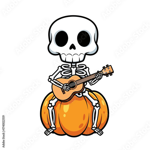 Spooky Skeleton Serenade a cheerful skeleton sits atop a pumpkin, serenading with an acoustic guitar, celebrating the spirited ambiance of Halloween. 