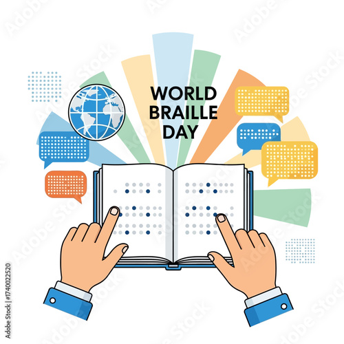World Braille Day Illustration This illustration celebrates World Braille Day, showcasing a book with braille text being read with a globe and speech bubbles conveying information and communication.