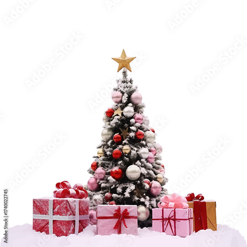 Christmas tree, New year tree with toys, gold star and many gift box with bantic under the tree in snow