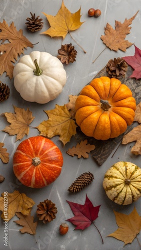 Top border with thanksgiving still life made of pumpkins and dried fall leaves. Top view flat lay