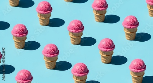 Vibrant pop art pattern of pink strawberry ice cream cones casting shadows on a bright blue background, a fun summer dessert concept