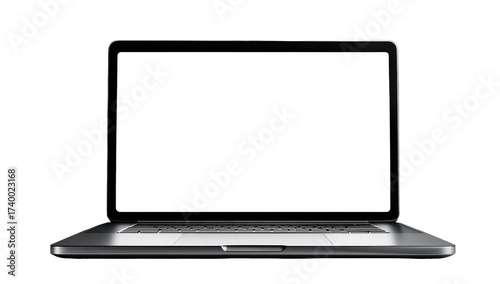 A modern, silver laptop with a blank white screen