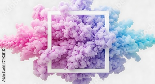 Pink and Blue Hues in Swirling Ink Clouds Behind a White Frame A Dreamy Abstract Art