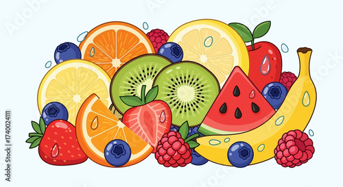 Vibrant Vector Illustration of a Fresh and Healthy Fruit Medley with Water Droplets