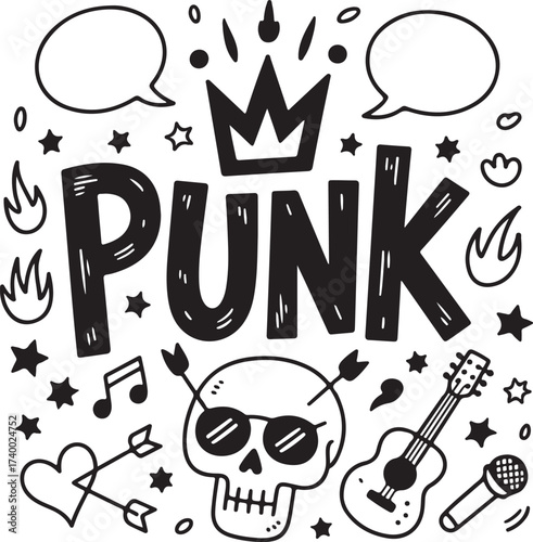 Collection of hand drawn punk rock style icons with vibrant colors