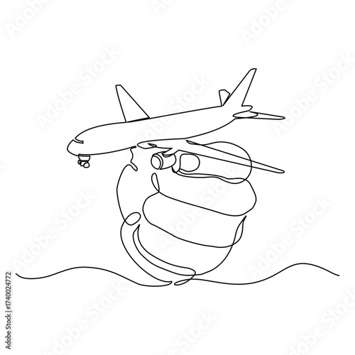 Continuous line of hand holding airplane toy miniature aircraft modeling. Single line sketch drawing editable stroke remote control plane vector illustration
