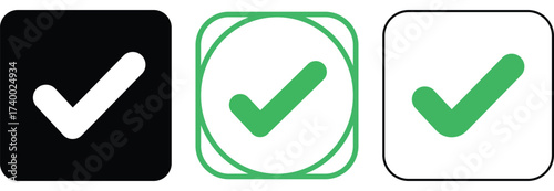 Three check mark icons in black white and green with rounded corners checkmark tick