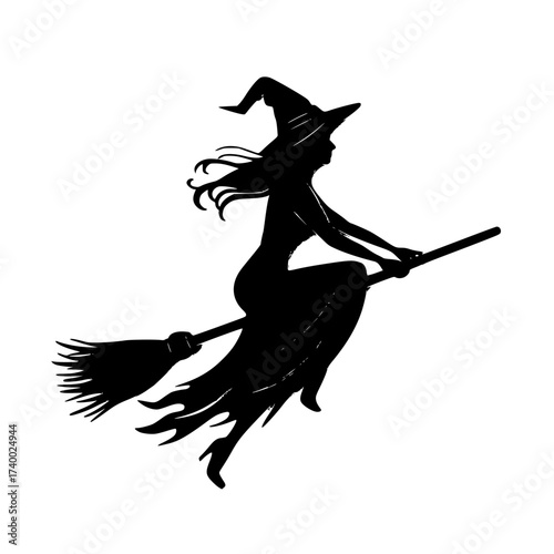 Mysterious witch silhouette soaring on broomstick casting spells and stirring Halloween magic tonight