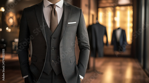 Elegant fashion store interior showcasing formal suits and accessories