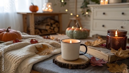 Fall aesthetics. candle in coffee mug. autumn interior decor with cozy blanket and burning candles