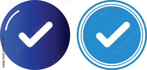 Two blue circular icons with white checkmarks and white borders check mark approval