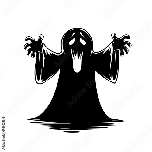 Spooky Halloween ghost silhouette with haunting expression and outstretched hands creates eerie vibe