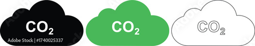 Three cloud icons with CO2 text black green and outline carbon dioxide symbol