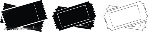 Three black and white ticket icons with perforated edges and dashed lines symbol graphic