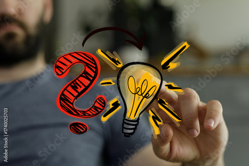 Wall Mural Man discovering solution, question mark transforming into lightbulb