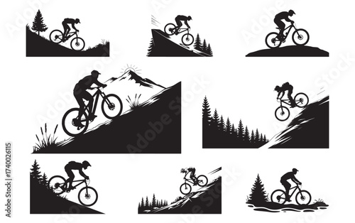 Mountain Biking Silhouettes, Extreme Trail Ride and Downhill Adventure Art.