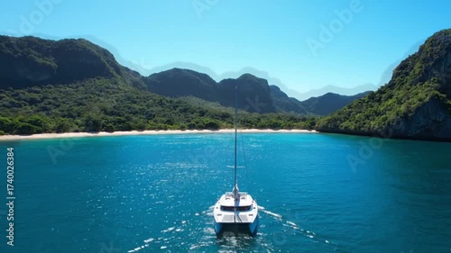 Catamaran Sailing Through Tropical Landscape,Aerial Drone Travel Footage