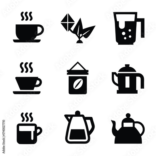 Black icons of hot beverages tea coffee and brewing equipment steam