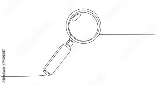Magnifying Glass Illustration in Minimal Continuous Line Art Style with Handle Detail on White Background