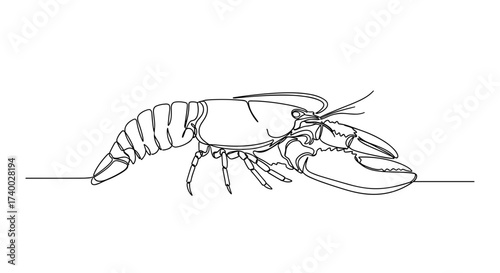 Lobster Side View Illustration in Minimal Continuous Line Art Style with Detailed Claws on White Background