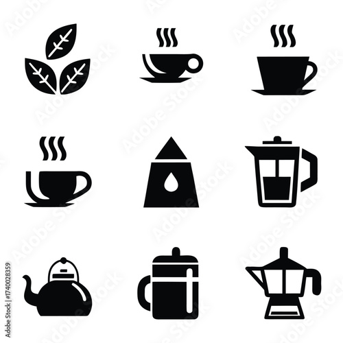 Black icons of tea leaves coffee cups teapot french press moka pot and tea bag beverage drink