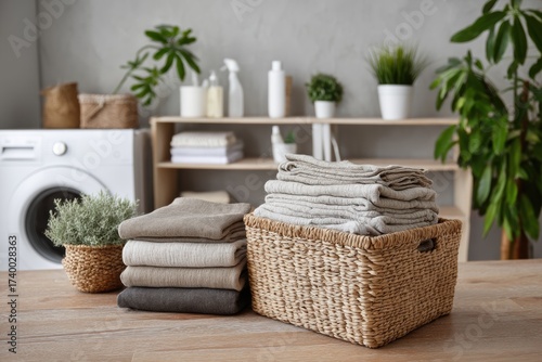 Neatly folded laundry with neutral tones sits on a table in a bright, modern laundry room with houseplants and storage baskets