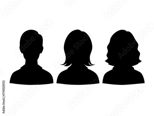 Silhouette Set of Women in Profile and Front View .Diverse Collection Of Black Human Head Silhouettes With Various Hairstyles profile face
