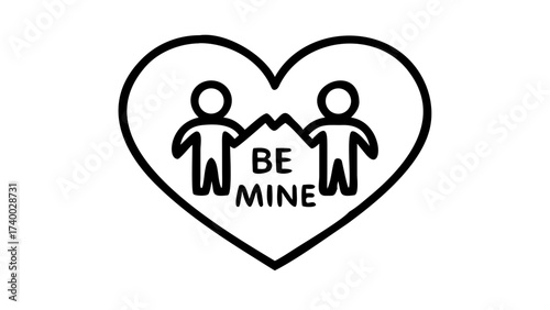 Simple line art icons representing love and asking someone to be mine isolated on a white.
