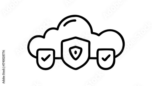 Outline cloud with security shield and check marks representing protected cloud data storage system on transparent background silhouette