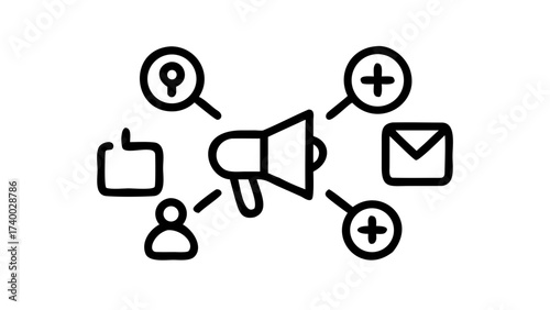Illustration of a megaphone surrounded by icons representing communication methods and social media tools on transparent background silhouette