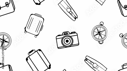 Seamless pattern featuring travel icons such as suitcases, cameras, compasses and staplers spread out on transparent background silhouette