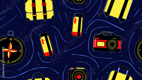 Seamless travel pattern featuring suitcases cameras and compasses on a dark blue background with light lines on transparent background silhouette