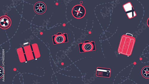 Illustration showing travel themed icons including cameras compasses and suitcases on a dark background on transparent background silhouette