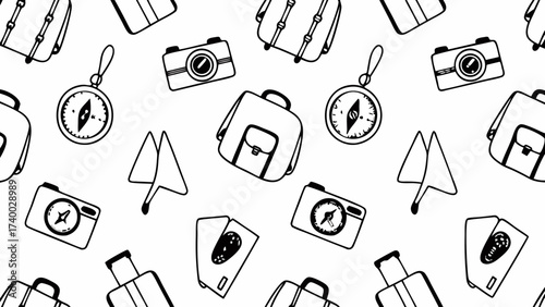A seamless pattern featuring travel themed icons including backpacks cameras compasses and suitcases in black outline on transparent background silhouette