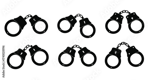 Black metal handcuffs isolated on a white background arranged in rows